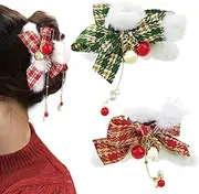 2 PACK Plush Hair Claw Clips with Tassels, Xmas Plaid Bows Hairpins Nonslip Claw Clip with Bells for Women Christmas Hair Claws