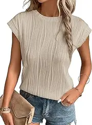 [ELFIN] Womens Round Neck Tshirts Elegant Tops Short Sleeve Casual T-Shirt Plain Tops Summer Loose Blouse