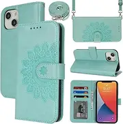 Cavor Crossbody Wallet for iPhone 13 Mini 5.4'' PU Leather Case Magnetic 3D Embossed Flower Women Flip Kickstand with Card Holder Shoulder Lanyard Protective Cover-Long Strap Flower Light Green