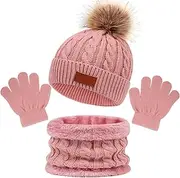 [Enwokran] Kids Winter Warm Beanie Hat Scarf Gloves Set,Thermal Knit Crochet Thick Fluffy Toddler Cap Pom Bobble Hat Neck Warmer Gloves Set for Girls Boys Children Aged 2-6