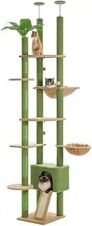 PAWZ Road Cat Tree, Floor to Ceiling Cat Tower Height Adjustable(230-252cm), Cactus Cat Climbing Tree with Cat Condo, Cozy Hammock and Cat Scratching Posts for Indoor Large Cats, Green