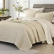 CozyQQ Quilt Set King Size - 100% Cotton Beige Off-White Botanical Pattern Bedspread Bedding Set, Lightweight Floral Reversible Quilts Coverlet with 2 Pillow Shams, 3-Piece All Season, 98x106