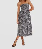$168 Seafolly Women White Zahara Zebra Smocked Sleeveless Midi Dress Size L