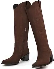 [DANAZANA] Wide Calf Cowgirl Boots For Women Knee High Cowboy Boots Pointed Toe Chunky Heel Boot Ladies Western Boots With Classic Embroidery and Side Zipper Classic Retro Country Boots For Lady Size 6