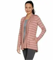 LOGO by Lori Goldstein Mixed Stripe Open Front Cardigan Size Large, Rose Taupe