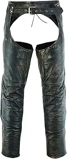 Dream Apparel Mens Distressed Brown Leather Motorcycle Riding Chaps with Zip Out Liner, Cowboy Biker Chaps Pants W/ 4 Pockets