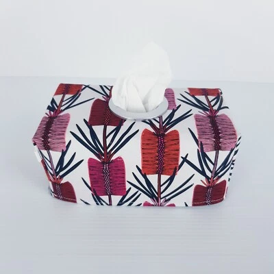 Tissue Box Cover Handmade Pink White Bottle Brush Print Silver Circle Opening