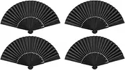 FRAKMU 4Pcs Hand Held Bamboo Silk Folding Fan Hand Fan with a Pouch,Chinese/Japanese Charming Elegant Vintage Retro Style Handheld Girls Women Wedding Party Favour Gift(Black)