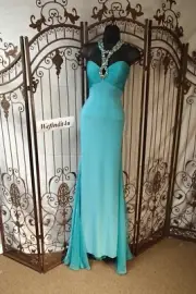 W114 SHERRI HILL 11071 AQUA SZ 00 $408 PROM BLACK TIE FORMAL GOWN DRESS