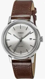 Timex Marlin Automatic Watch 40mm Silver Dial Brown Leather Strap Used 0707