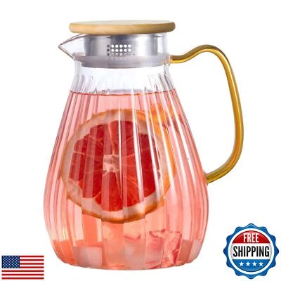 Wlasss 60 oz 1.8 L Glass Water Pitcher with Handle and Lid, Glass Pitcher for