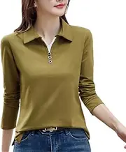 [REHJJDFD] Women's Solid Long-Sleeved Polo Shirt Cotton T-Shirt Button Candy Knit Bottom Shirt