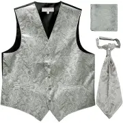 New Men's Paisley Tuxedo Vest Waistcoat & Ascot Cravat & Hankie Wedding Silver