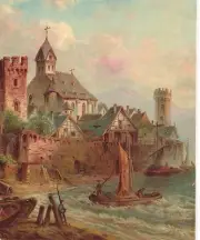 Medieval Village Port Original Victorian Lithography Samplers Antique Scraps
