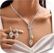 [IUHOGE] Rhinestone Jewelry Sets Cuban Necklace Bracelet Rhinestone Ring Earrings Cuban Link Chain Miami Cuban Necklace Bracelet Silver Rhinestone Chain Iced Out Hip Hop Jewelry Sets for Women