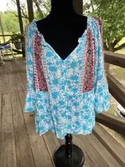 Red Camel Women Plus Size 1x Boho Gypsy Multi Color Tunic Top Blouse Shirt NWT