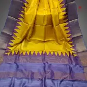 Bright Yellow Pure Zari Tussar Hand Block Print Saree