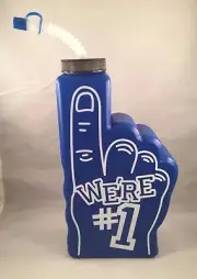 New Blue Sports We're #1 Foam Finger Drinking Bottle Straw Cap Team Party Water
