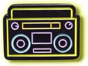 [Space Badges] Retro Boombox Enamel Pin Badge, Black with Neon Outline, 17.9mm x 25mm, 2mm Thick, Vintage 80s Portable Stereo Collectible, Neon Music Accessory, Perfect for Backpacks, Jackets, and Hats, 25.0