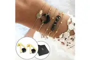 Boxed Bohemian Multi Layered Charm Bead Bracelet and Drop Earrings Set - Black