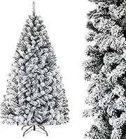 1.8M White Artificial Holiday Christmas Tree, Automatic Folding Snow Flocked Hinged Pine Xmas Tree, 600 PVC Tips, Sturdy Metal Base, Hinged Construction, Indoor and Outdoor Christmas Decoration