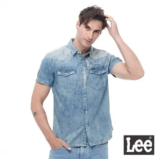 Lee 刷舊拼接縫補短袖牛仔襯衫 男 淺藍 Modern LL1701404KD