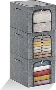49L Clothes Storage Bags, 3 Pack Foldable Storage Bins Box with Metal Frame, Thick Stackable Closet Organizers Container Set with Handles Clear Window for Clothing, Blanket, Comforters,Bedding (Grey)
