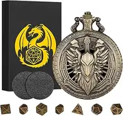 Mini DND Dice Set Steampunk Hollow Paladin Knight Warrior Pocket Watch Shell Case, 7pcs Polyhedral Metal D&D Dice Set, Dungeons and Dragons Gifts with Gift Box, Role Playing Board Games Accessories