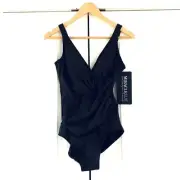 Miraclesuit One Piece Swimsuit Black Ruched V Neck Oceanus Bathing Suit Size 10