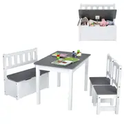 Babyjoy 4pcs Kids Table Chairs Set Wooden Children Activity Play Desk Bench Set Toy Storage Box Grey