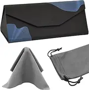 [YOKONICO] Foldable Eyeglass Case with Pouch & 2pcs Cleaning Cloth, PU Leather Magnetic Folding Hard Case Portable Lightweight Sunglasses Storage Triangular Fold Case Eyewear Protector Box for Men & Women