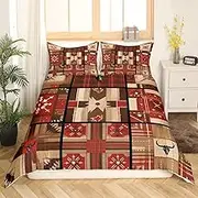 Feelyou Western Cowboys Bedding Set Cow Skull Retro Duvet Cover Set for Kids Boys Girls Plaids Patchwork Pattern Comforter Cover Rustic Quilt Cover King Size
