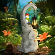 Solar Lights Garden Elephant Statue Outdoor Decor with Garden Gnome and Solar Lantern Outside Patio