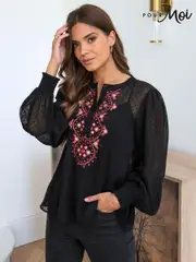 Pour Moi Black Embroidered Natasha Dobby Chiffon Long Sleeve Top (418002) | $113