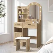 Oikiture Dressing Table with Mirror Extra Storage Place Makeup Mirror Vanity Table with Stool Wood