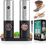 Electric Pepper and Salt Grinder Set, Adjustable Coarseness, Battery Powered with LED Light and Storage Base, One Hand Automatic Operation, Stainless Steel, 2 Pack