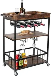 Maxkon Industrial Wine Trolley Rolling Bar Cart Drinks Serving Trolley with Wine Rack & Glass Holder Removable Top Tray Brown
