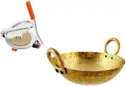 Brass Regular Wok Karahi Kadai Capacity 2 Liter with Stainless Steel Puri Press