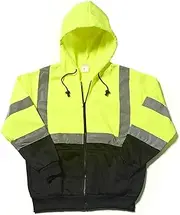 [Forester] High Visibility Reflective Class 3 Zippered Hooded Sweatshirt. Hi-Vis Safety Hoodie with Black Bottom