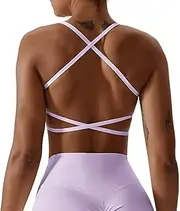 [SEAUR] Women's Strappy Sports Bra Criss Cross Back Yoga Top Cute Gym Workout Bras Open Back Athletic Bras Removable Padded Sports Bra Cami Bralette S Purple