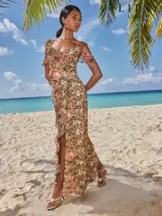 Lipsy Brown Animal Print Printed Ruffle Front Detail Cami Maxi Dress (F91597) | $175