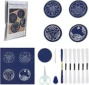 4 Set Sashiko Coasters DIY Kit with Pattern, Embroidery Starter Kit with Instructions for Beginners, Sashiko Kit, Round Sashiko Embroidery Coasters for Tea Table Home Decoration Housewarming Gift