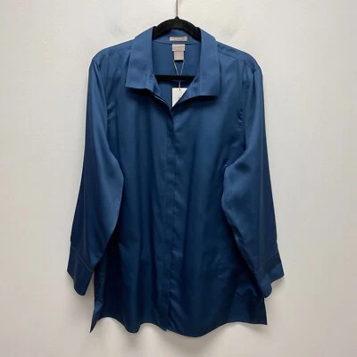 Chicos Dark Blue Slate Solid Long Sleeve No Iron Button Up Sateen Tunic Shirt 18