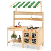 BabyjoyKids Wooden Mud Kitchen Outdoor Pretend Play Kitchen w/Canopy & Black Boards Backyard Garden Playset