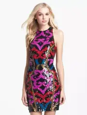 New Nicole Miller Sequins Short Sheath Dress Fuchsia Red Black Sleeveless