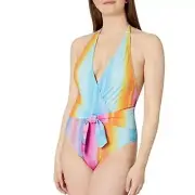 RACHEL Rachel Roy OMBRE MULTI STRIPE Wrap Front Belted One-Piece Swimsuit