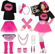 SlowTon 80s Outfits Costumes Accessories for Women - 1980s Fancy Dress with Pink Tutu Hip Pop Disco Skirt Leg Warmers Earrings Headband Necklace Fishnet Gloves for Women Girls Retro Theme Party 24PCS