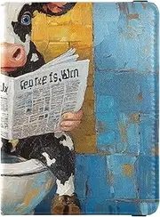 [Amooorous] Cartoon Cute White Cow Reading Newspaper Leather decorative passport book holder Travel Documents Organizer Protector Wallet Passport Holder Waterproof, Cartoon cute white cow reading newspaper, 1