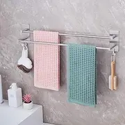 JS Towel Rail Self Adhesive 2-Tier Double Towel Holder rack Multi Towel Bar with 2 Hooks SUS304 Stainless Steel Robe & Bath Towel Rails 60CM/23.6inch for Bathroom Organizer Storage