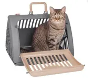 SportPet Designs Foldable Travel Cat Carrier Front Door Plastic,Gray Tan,Medium